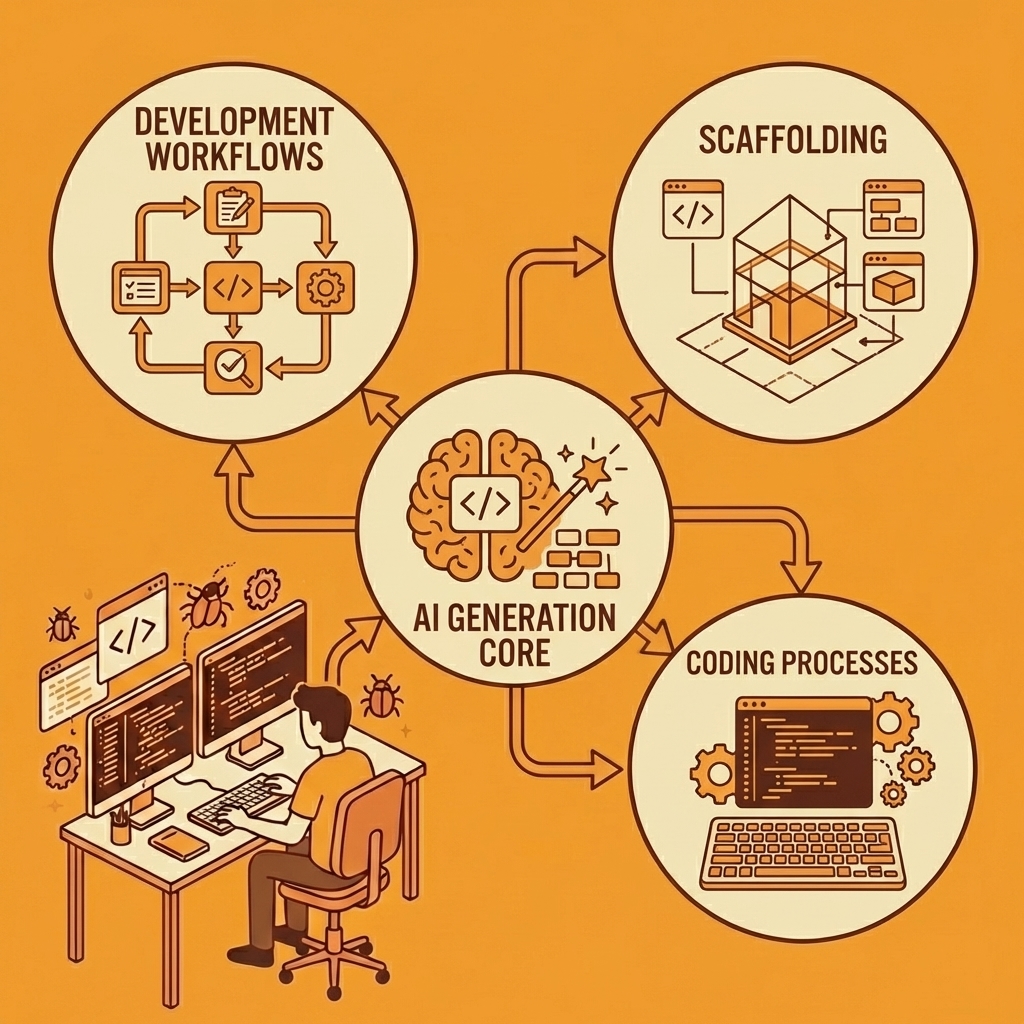 AI generation at center connected to development workflows, scaffolding, and coding processes